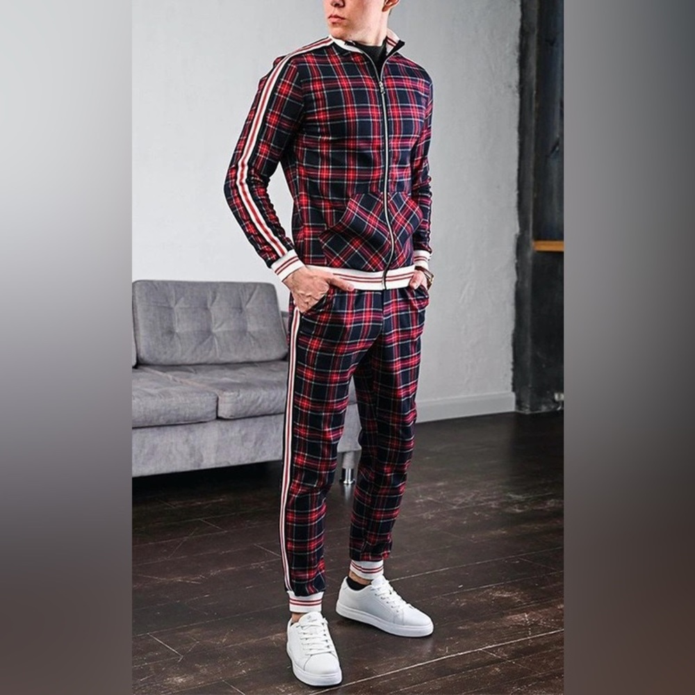 Red Wine Colored Lattice Print Slim Fit Track Suit - Picture 3 of 4